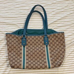 Vintage Gucci Beige GG Canvas Tote with Teal Trim and Stripes